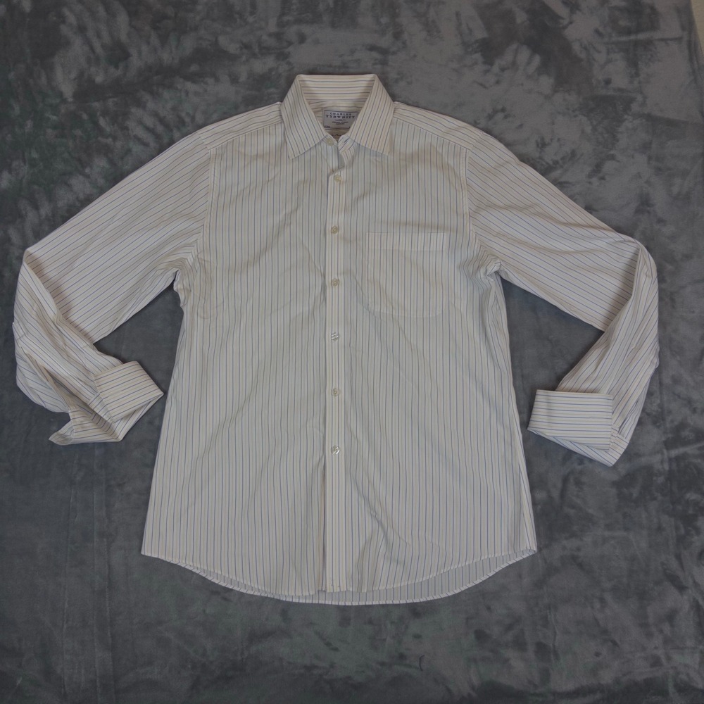 Charles Tyrwhitt Dress Shirt Mens 16/34 Slim White Yellow Stripe French Cuff